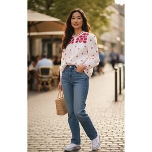 Nimo With Love Embroidered Floral Button Down Top White & Pink Size XS